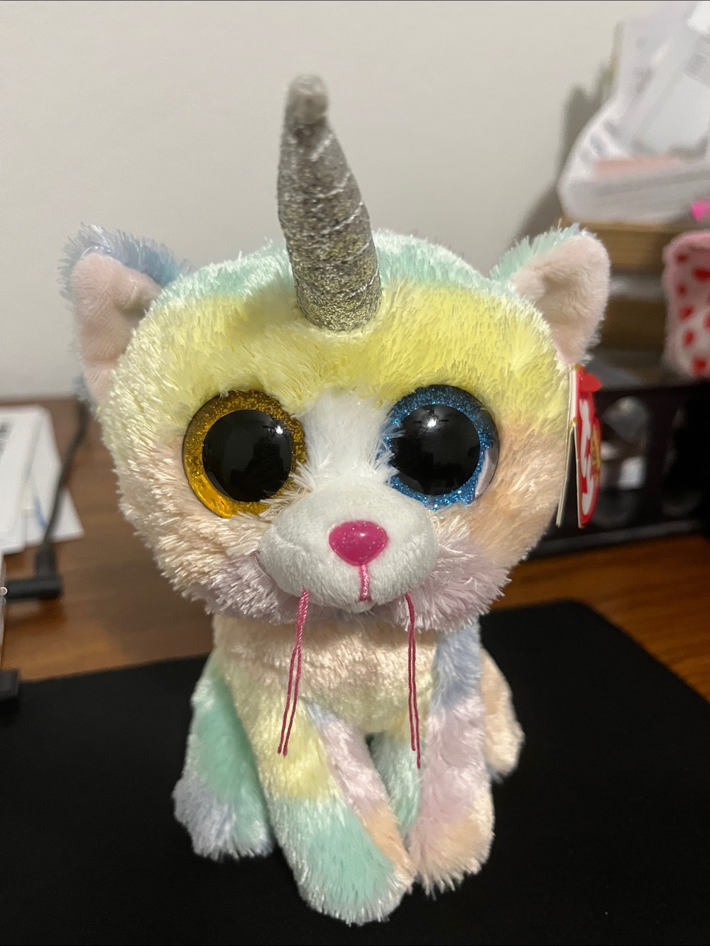 Ty Pastel Rainbow Unicorn Cat Plush with Glitter Eyes and Silver Horn “Heather”